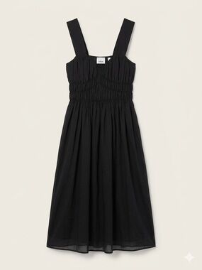 Burberry Black Cotton Midi Dress Wide Straps Smocked Bodice Size 2 NEW